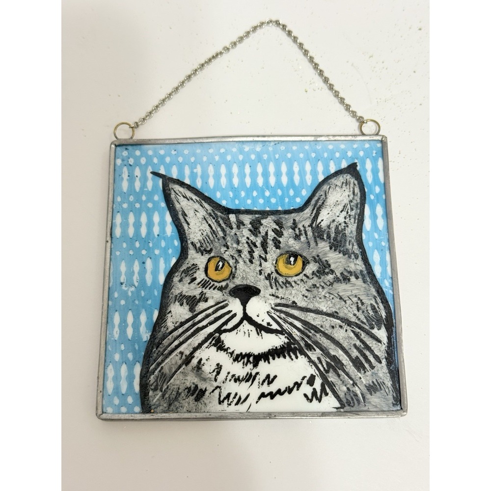 Hand Painted Gray Tabby Cat Mini Art Panel 4x4 Hanging Decor Yellow Eyes